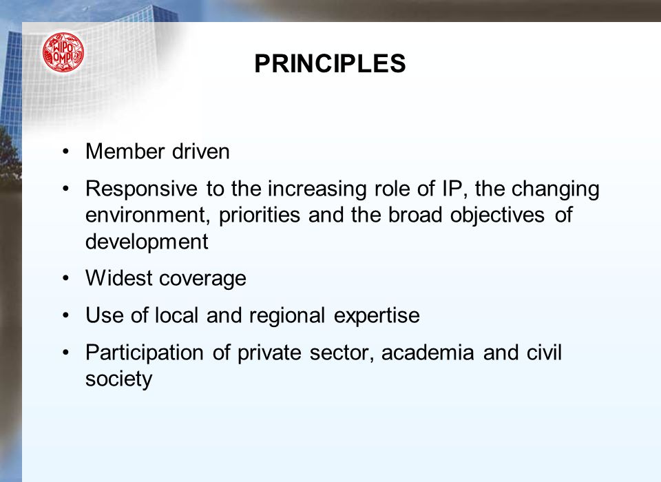 PRINCIPLES Member driven Responsive to the increasing role of IP, the changing environment, priorities and the broad objectives of development Widest coverage Use of local and regional expertise Participation of private sector, academia and civil society