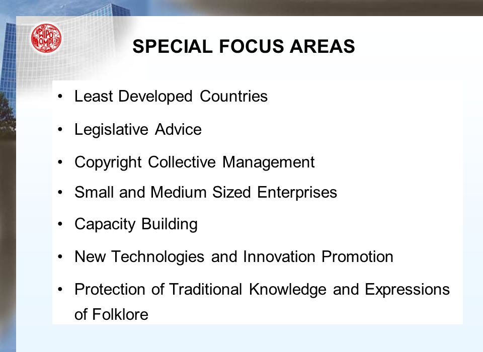 SPECIAL FOCUS AREAS Least Developed Countries Legislative Advice Copyright Collective Management Small and Medium Sized Enterprises Capacity Building New Technologies and Innovation Promotion Protection of Traditional Knowledge and Expressions of Folklore