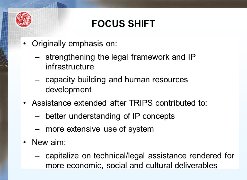 FOCUS SHIFT Originally emphasis on: –strengthening the legal framework and IP infrastructure –capacity building and human resources development Assistance extended after TRIPS contributed to: –better understanding of IP concepts –more extensive use of system New aim: –capitalize on technical/legal assistance rendered for more economic, social and cultural deliverables