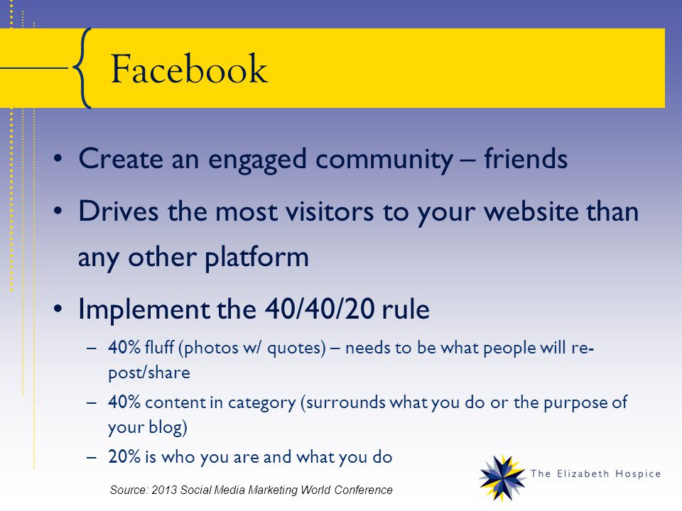 Facebook Create an engaged community – friends Drives the most visitors to your website than any other platform Implement the 40/40/20 rule –40% fluff (photos w/ quotes) – needs to be what people will re- post/share –40% content in category (surrounds what you do or the purpose of your blog) –20% is who you are and what you do Source: 2013 Social Media Marketing World Conference