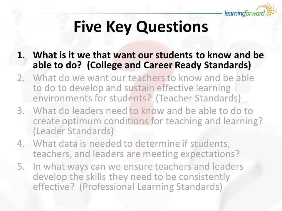 Five Key Questions 1.What is it we that want our students to know and be able to do.