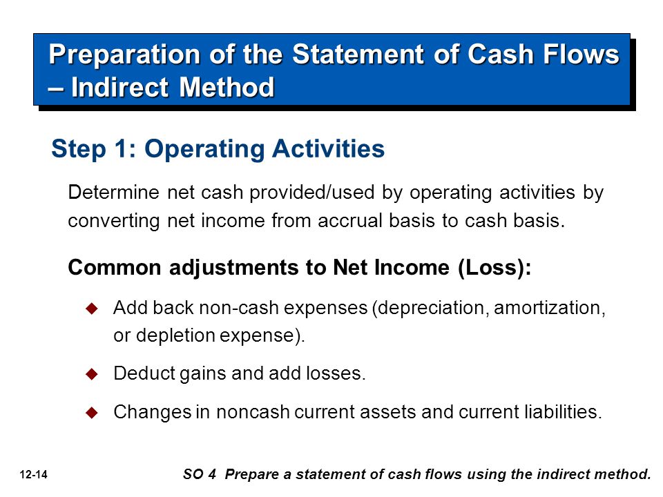 12-14 Step 1: Operating Activities Determine net cash provided/used by operating activities by converting net income from accrual basis to cash basis.
