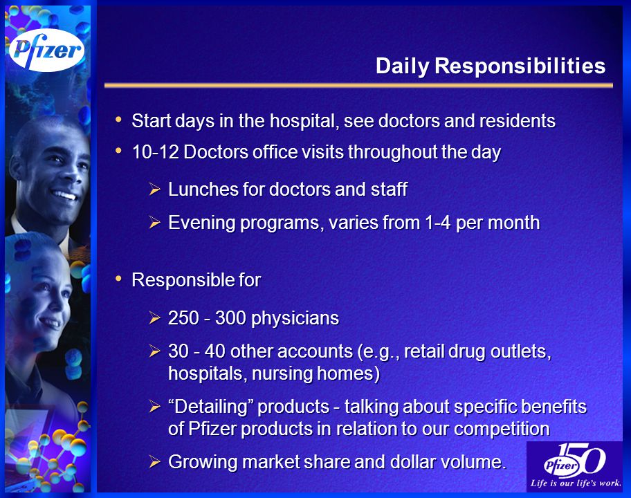 Daily Responsibilities Start days in the hospital, see doctors and residents Doctors office visits throughout the day  Lunches for doctors and staff  Evening programs, varies from 1-4 per month Responsible for  physicians  other accounts (e.g., retail drug outlets, hospitals, nursing homes)  Detailing products - talking about specific benefits of Pfizer products in relation to our competition  Growing market share and dollar volume.