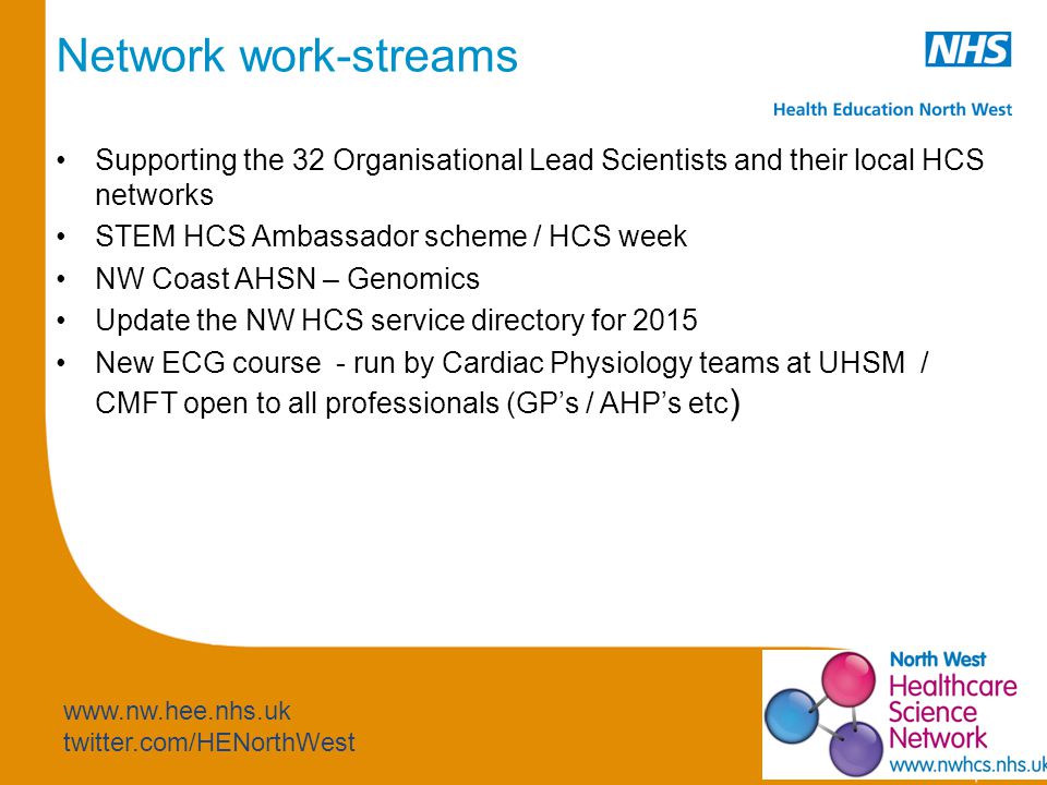 twitter.com/HENorthWest Network work-streams Supporting the 32 Organisational Lead Scientists and their local HCS networks STEM HCS Ambassador scheme / HCS week NW Coast AHSN – Genomics Update the NW HCS service directory for 2015 New ECG course - run by Cardiac Physiology teams at UHSM / CMFT open to all professionals (GP’s / AHP’s etc )