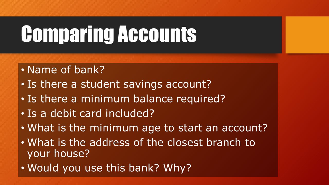Comparing Accounts Name of bank. Is there a student savings account.