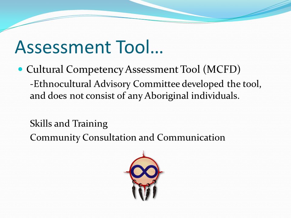 Assessment Tool… Cultural Competency Assessment Tool (MCFD) -Ethnocultural Advisory Committee developed the tool, and does not consist of any Aboriginal individuals.