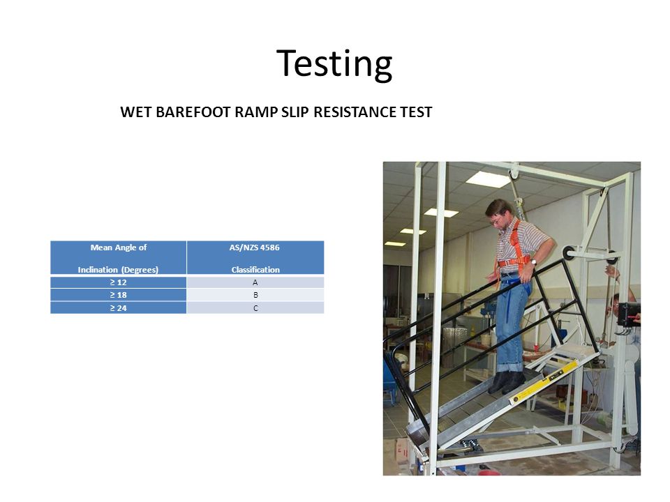 Testing WET BAREFOOT RAMP SLIP RESISTANCE TEST Mean Angle of Inclination (Degrees) AS/NZS 4586 Classification ≥ 12A ≥ 18B ≥ 24C