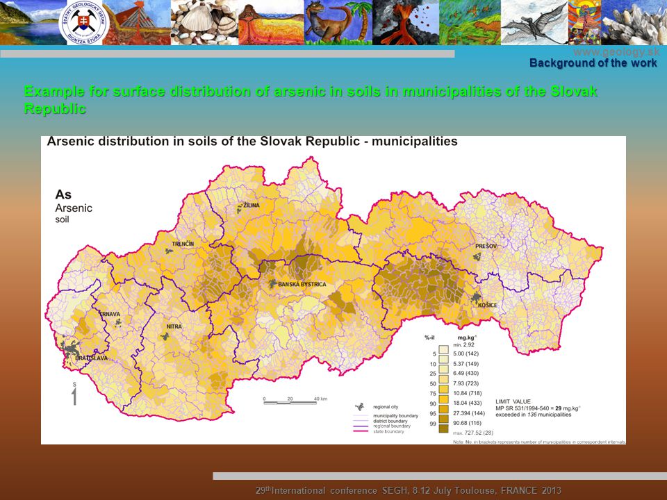 29 th International conference SEGH, 8-12 July Toulouse, FRANCE 2013 Background of the work Example for surface distribution of arsenic in soils in municipalities of the Slovak Republic