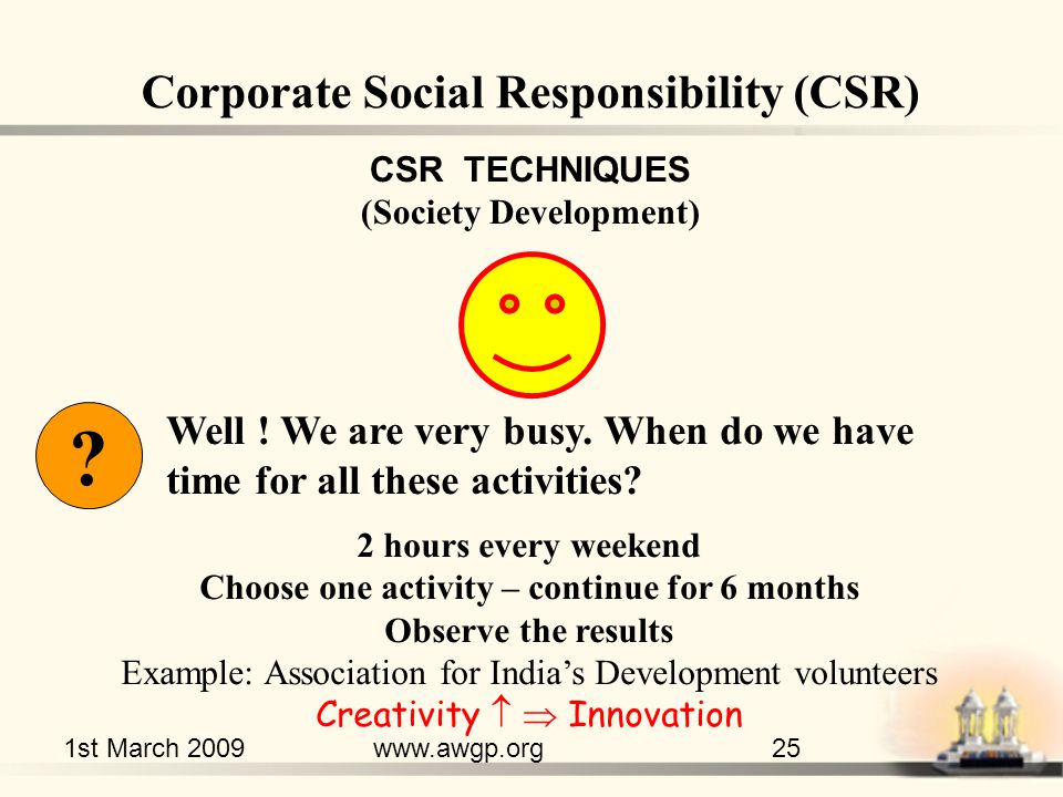 1st March 2009www.awgp.org25 CSR TECHNIQUES (Society Development) Corporate Social Responsibility (CSR) Well .