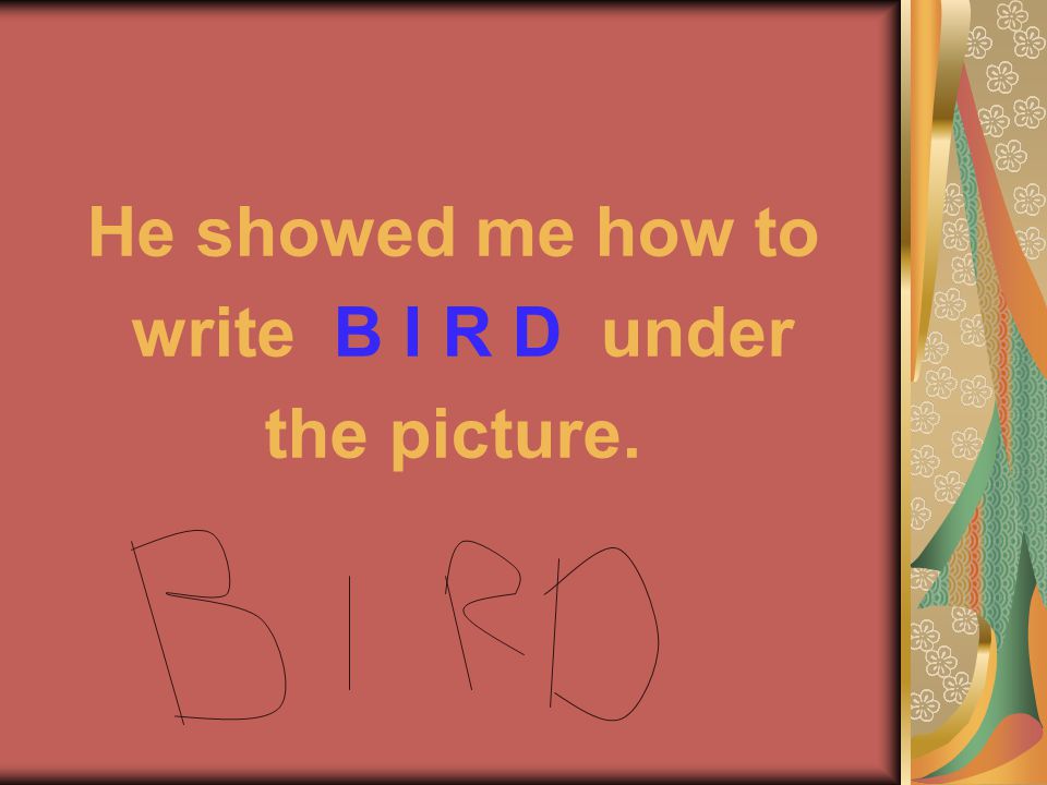 He showed me how to write B I R D under the picture.