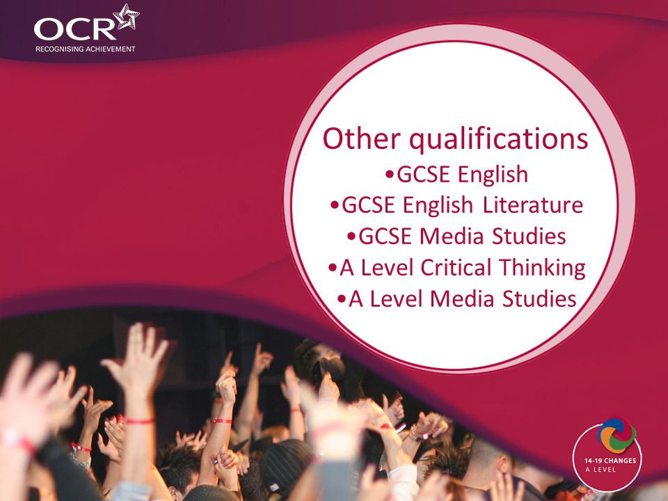 Other qualifications GCSE English GCSE English Literature GCSE Media Studies A Level Critical Thinking A Level Media Studies