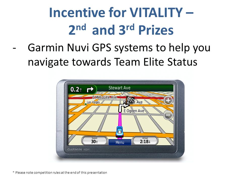 -Garmin Nuvi GPS systems to help you navigate towards Team Elite Status * Please note competition rules at the end of this presentation Incentive for VITALITY – 2 nd and 3 rd Prizes