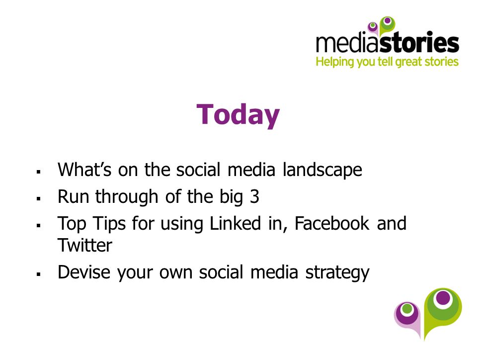 Today  What’s on the social media landscape  Run through of the big 3  Top Tips for using Linked in, Facebook and Twitter  Devise your own social media strategy