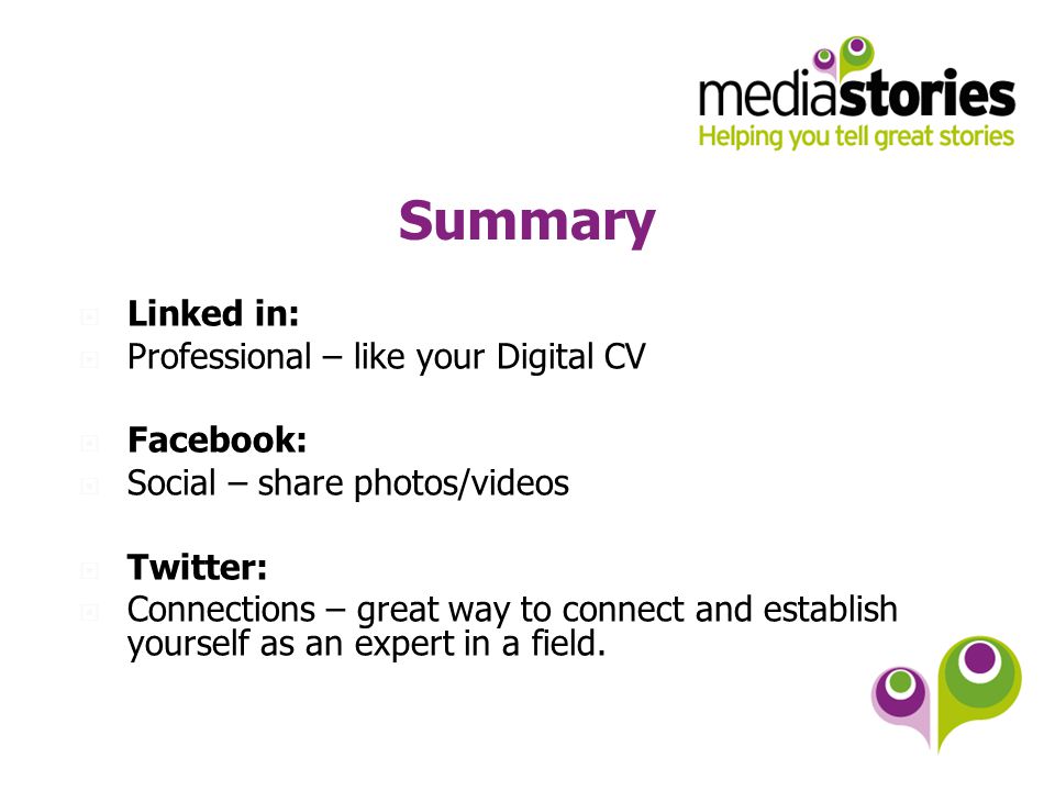 Summary  Linked in:  Professional – like your Digital CV  Facebook:  Social – share photos/videos  Twitter:  Connections – great way to connect and establish yourself as an expert in a field.