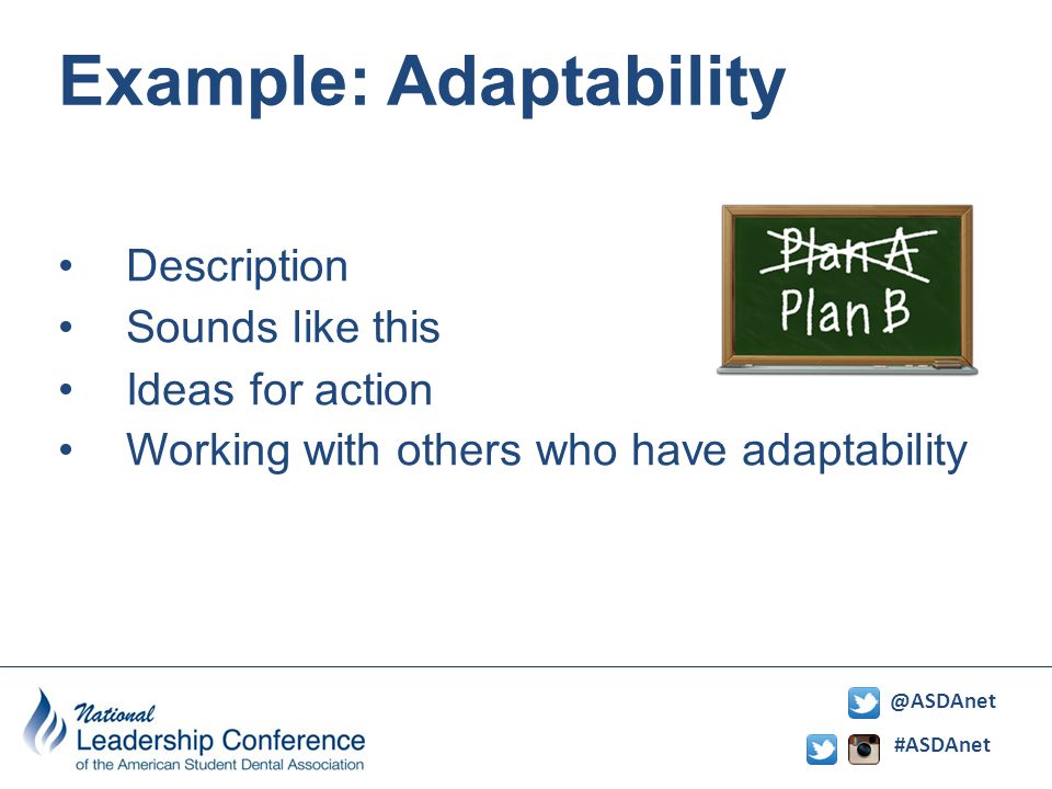 Example: Adaptability Description Sounds like this Ideas for action Working with others who have adaptability