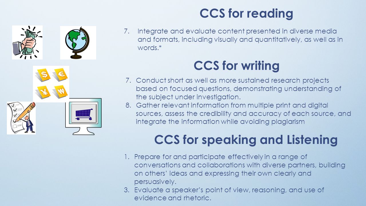 7.Integrate and evaluate content presented in diverse media and formats, including visually and quantitatively, as well as in words.* CCS for reading CCS for writing 7.Conduct short as well as more sustained research projects based on focused questions, demonstrating understanding of the subject under investigation.
