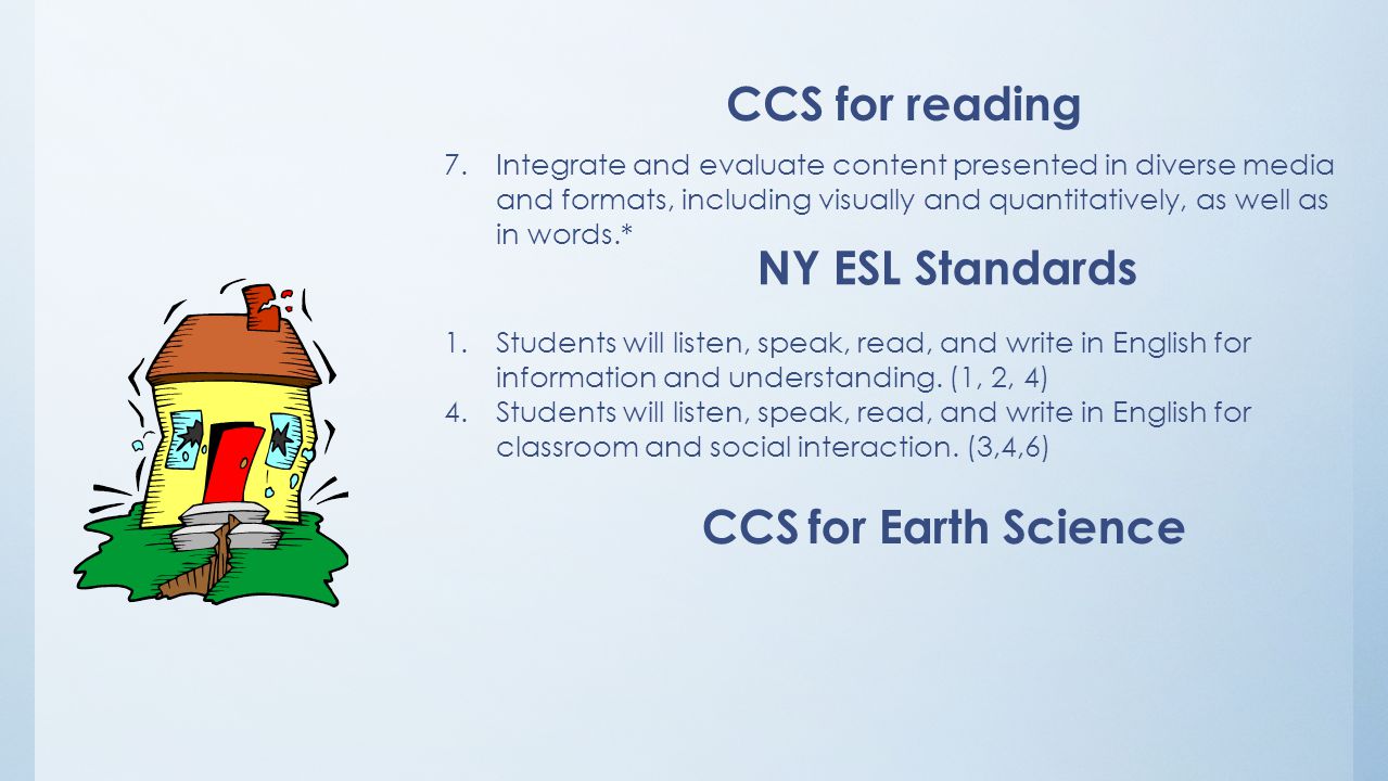 7.Integrate and evaluate content presented in diverse media and formats, including visually and quantitatively, as well as in words.* CCS for reading 1.Students will listen, speak, read, and write in English for information and understanding.