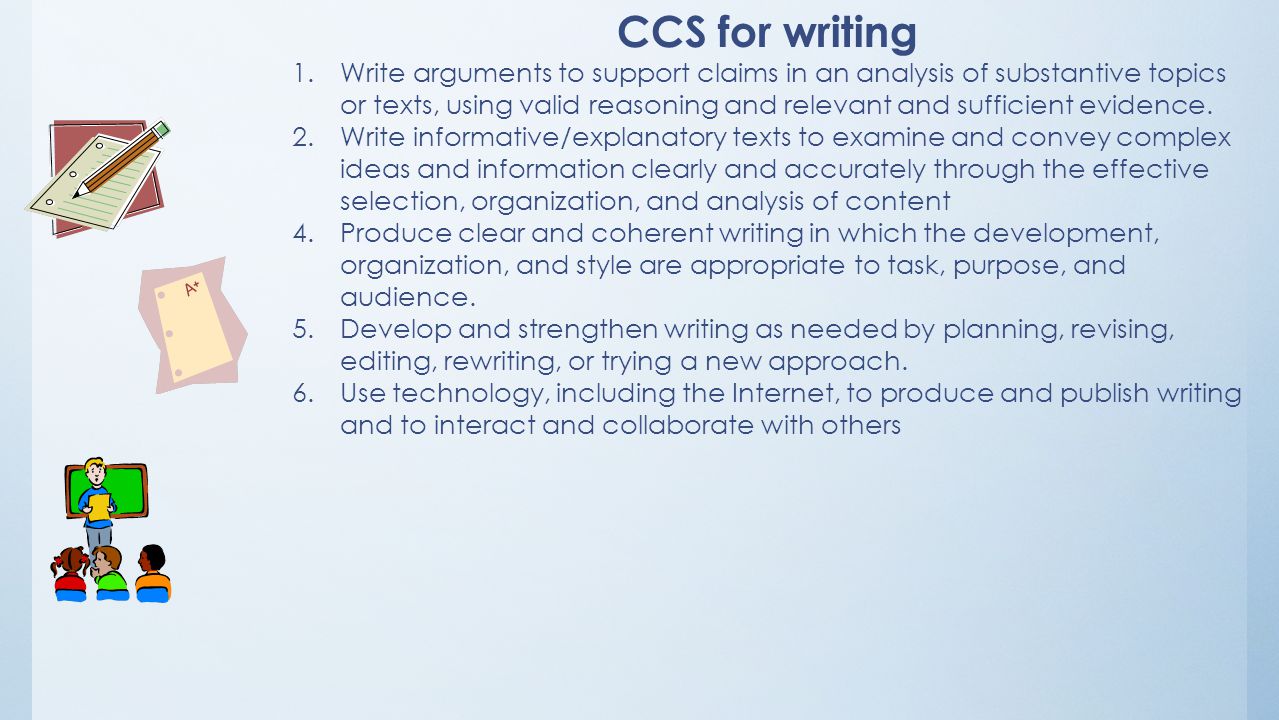 1.Write arguments to support claims in an analysis of substantive topics or texts, using valid reasoning and relevant and sufficient evidence.