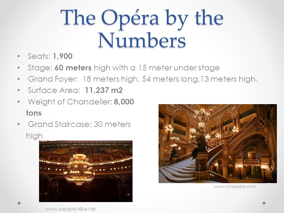 The Opéra by the Numbers Seats: 1,900 Stage: 60 meters high with a 15 meter under stage Grand Foyer: 18 meters high, 54 meters long,13 meters high.