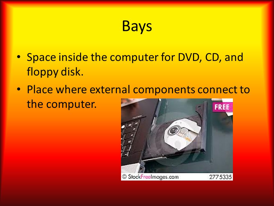 Bays Space inside the computer for DVD, CD, and floppy disk.