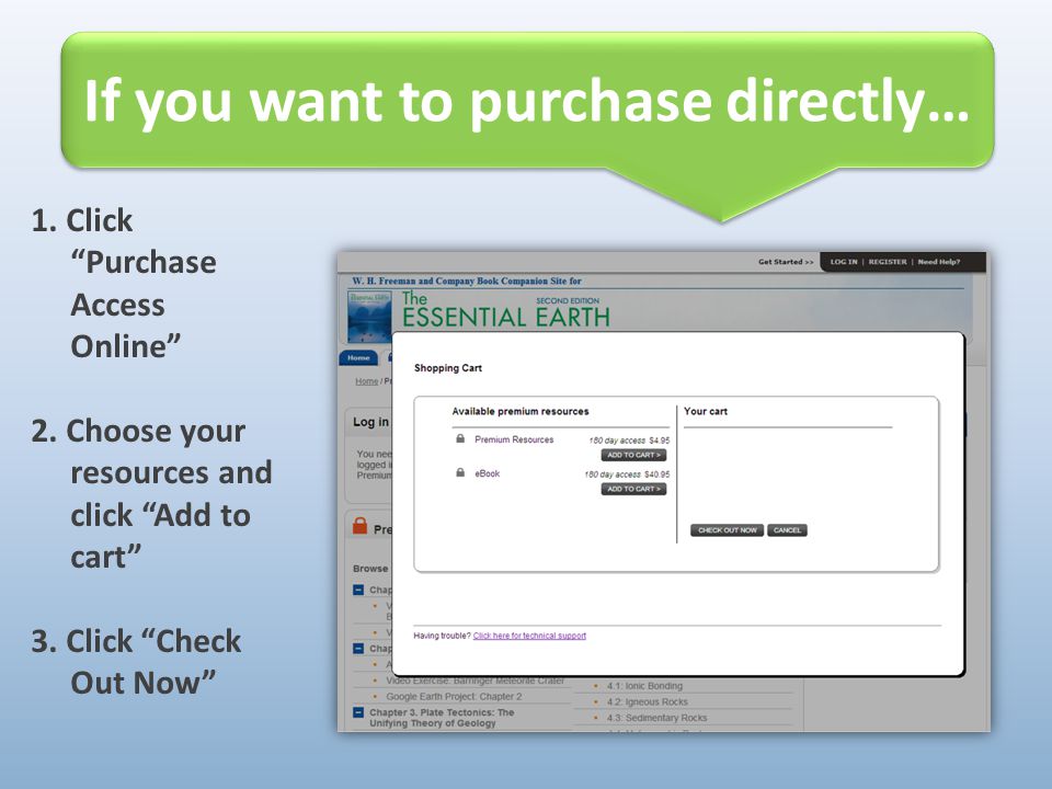 1. Click Purchase Access Online 2. Choose your resources and click Add to cart 3.