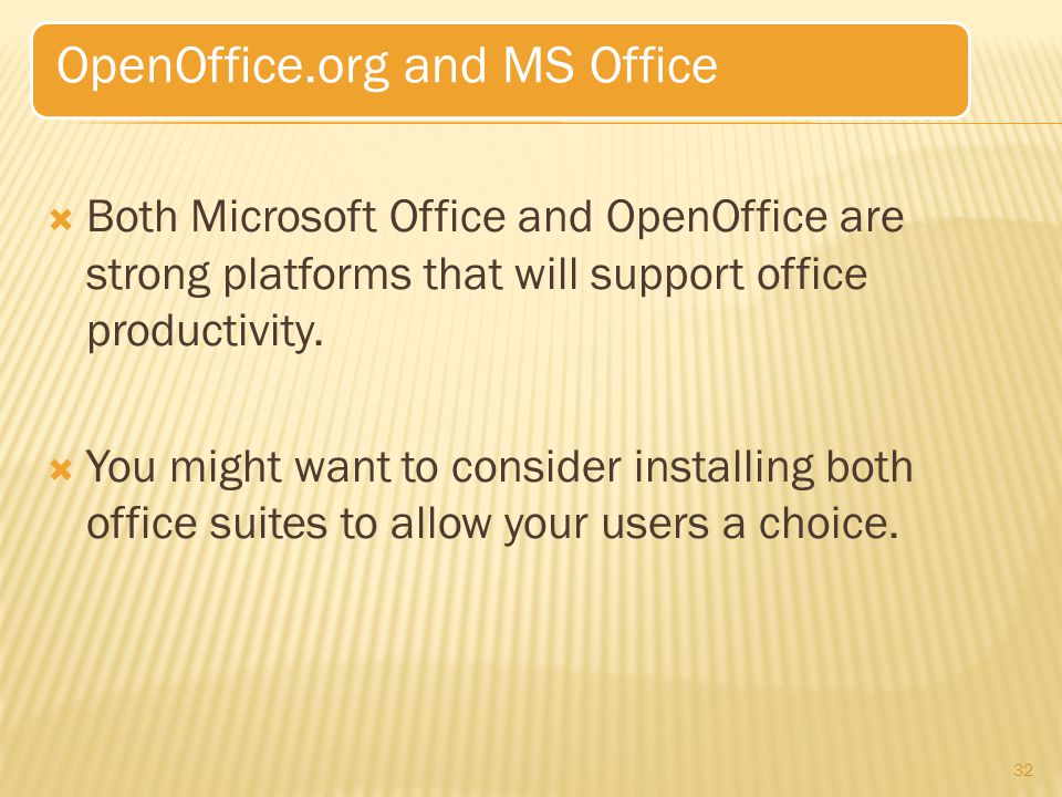 Both Microsoft Office and OpenOffice are strong platforms that will support office productivity.