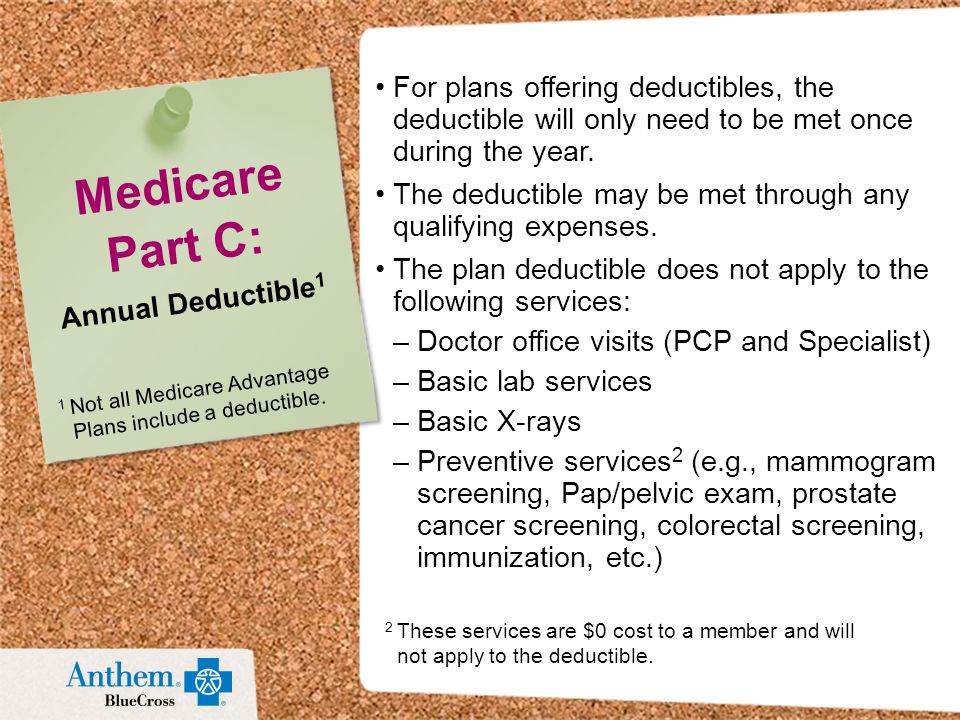 Medicare Part C: Annual Deductible 1 For plans offering deductibles, the deductible will only need to be met once during the year.