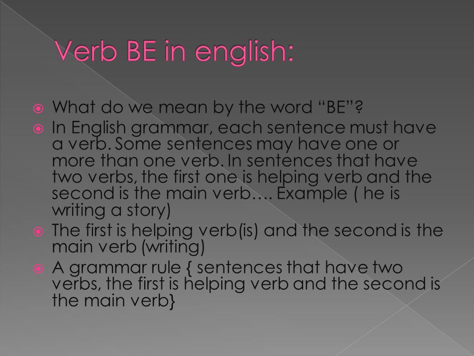  What do we mean by the word BE .  In English grammar, each sentence must have a verb.
