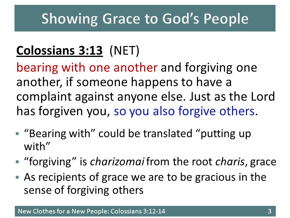 New Clothes for a New People: Colossians 3:  Bearing with could be translated putting up with  forgiving is charizomai from the root charis, grace  As recipients of grace we are to be gracious in the sense of forgiving others Colossians 3:13 (NET) bearing with one another and forgiving one another, if someone happens to have a complaint against anyone else.