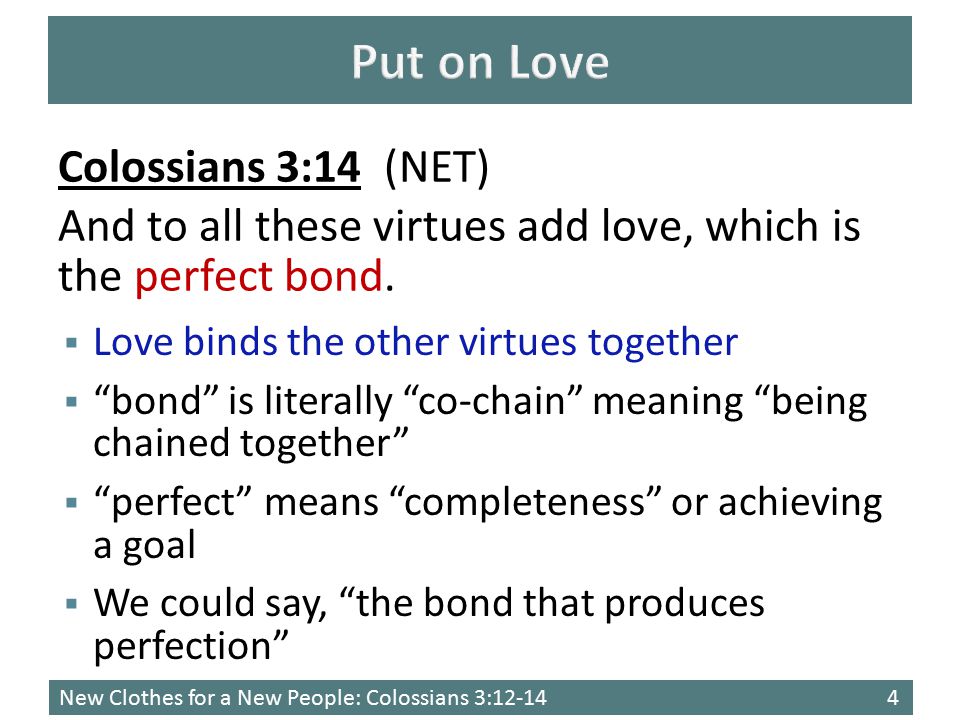 New Clothes for a New People: Colossians 3:  Love binds the other virtues together  bond is literally co-chain meaning being chained together  perfect means completeness or achieving a goal  We could say, the bond that produces perfection Colossians 3:14 (NET) And to all these virtues add love, which is the perfect bond.