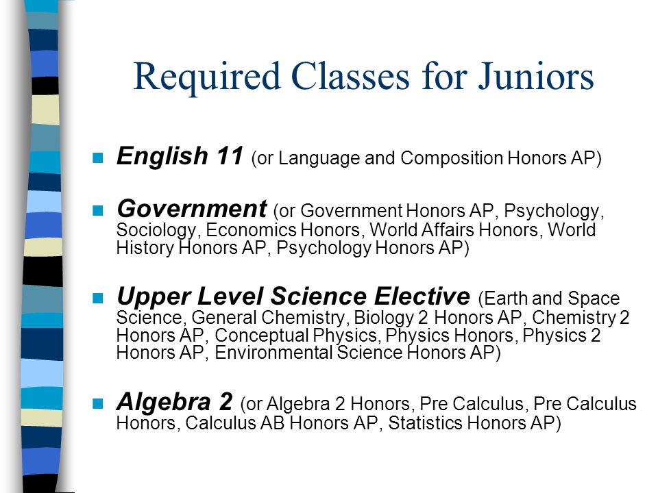 Required Classes for Juniors n English 11 (or Language and Composition Honors AP) n Government (or Government Honors AP, Psychology, Sociology, Economics Honors, World Affairs Honors, World History Honors AP, Psychology Honors AP) n Upper Level Science Elective (Earth and Space Science, General Chemistry, Biology 2 Honors AP, Chemistry 2 Honors AP, Conceptual Physics, Physics Honors, Physics 2 Honors AP, Environmental Science Honors AP) n Algebra 2 (or Algebra 2 Honors, Pre Calculus, Pre Calculus Honors, Calculus AB Honors AP, Statistics Honors AP)