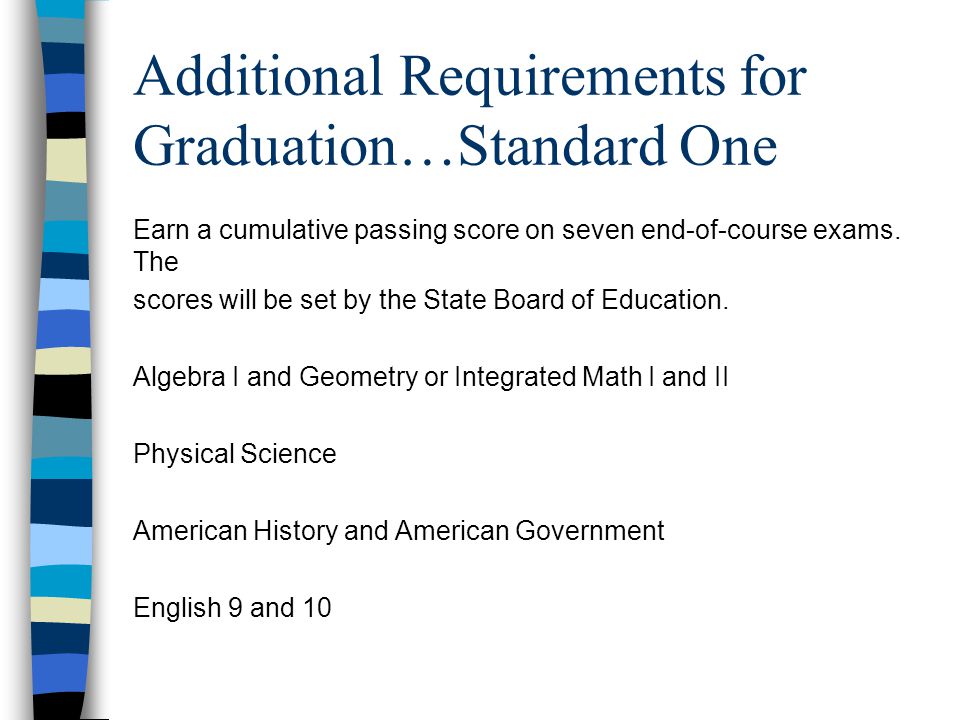 Additional Requirements for Graduation…Standard One Earn a cumulative passing score on seven end-of-course exams.