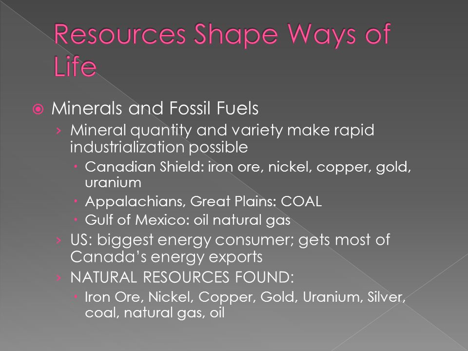  Minerals and Fossil Fuels › Mineral quantity and variety make rapid industrialization possible  Canadian Shield: iron ore, nickel, copper, gold, uranium  Appalachians, Great Plains: COAL  Gulf of Mexico: oil natural gas › US: biggest energy consumer; gets most of Canada’s energy exports › NATURAL RESOURCES FOUND:  Iron Ore, Nickel, Copper, Gold, Uranium, Silver, coal, natural gas, oil