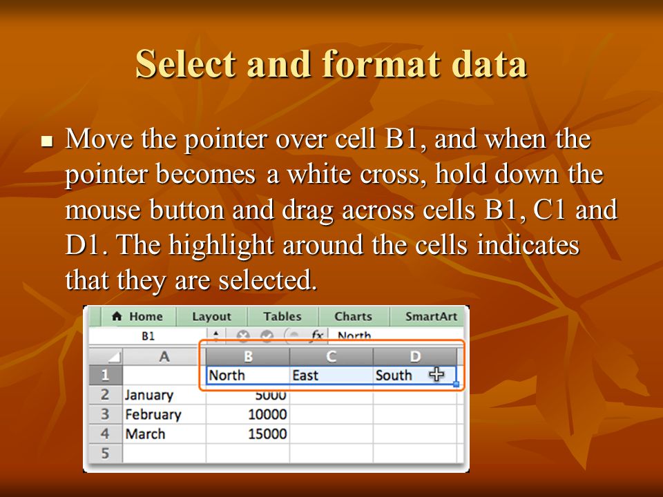 Select and format data Move the pointer over cell B1, and when the pointer becomes a white cross, hold down the mouse button and drag across cells B1, C1 and D1.