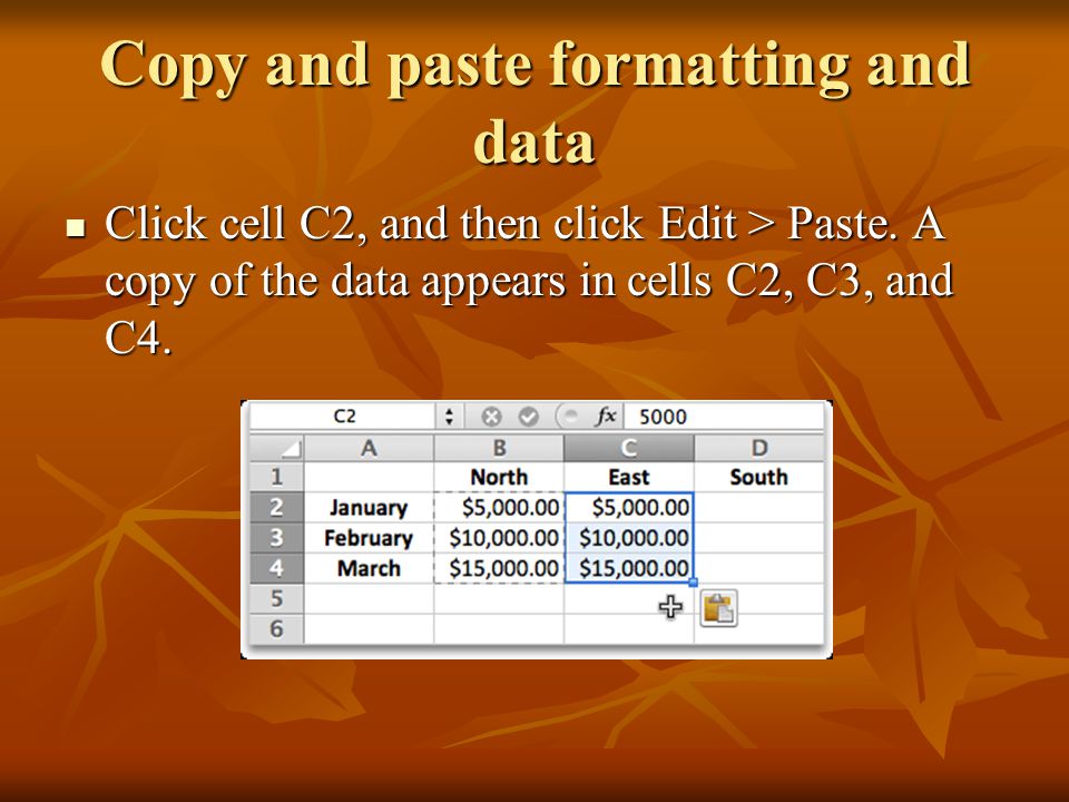 Copy and paste formatting and data Click cell C2, and then click Edit > Paste.