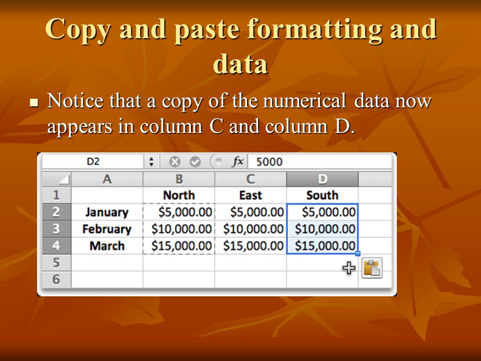Copy and paste formatting and data Notice that a copy of the numerical data now appears in column C and column D.