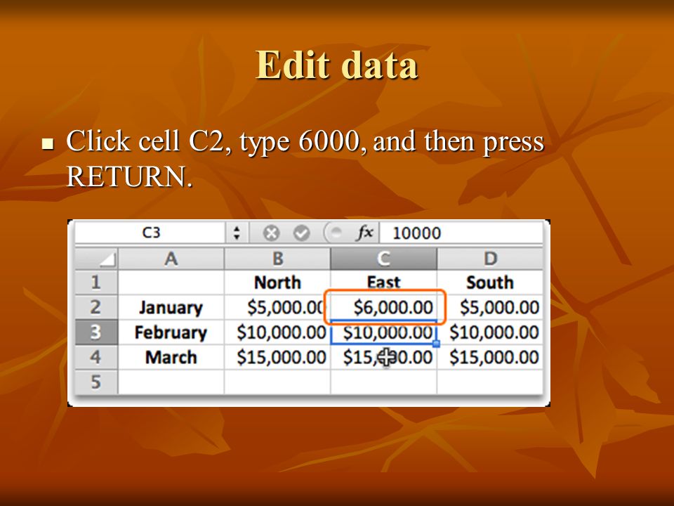 Edit data Click cell C2, type 6000, and then press RETURN.