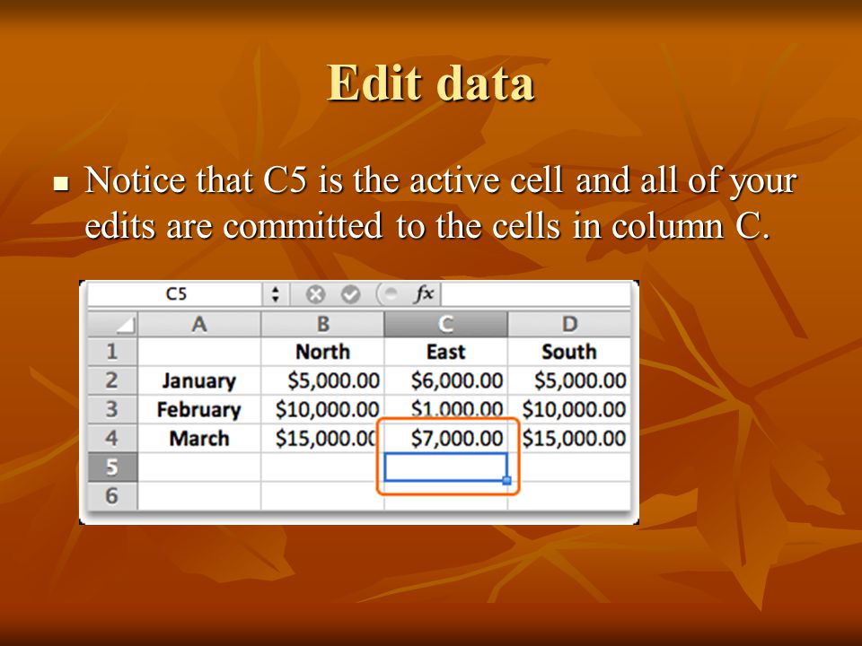Edit data Notice that C5 is the active cell and all of your edits are committed to the cells in column C.