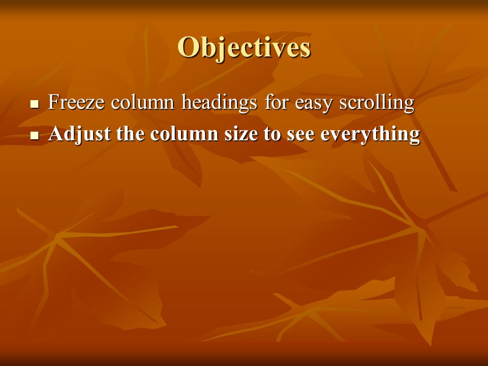 Objectives Freeze column headings for easy scrolling Freeze column headings for easy scrolling Adjust the column size to see everything Adjust the column size to see everything