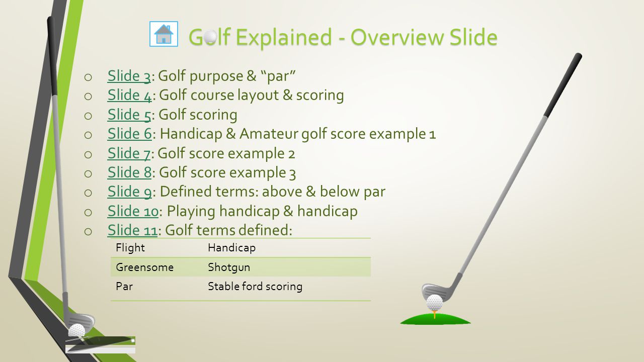 Golf Basics. Golf Explained - Overview Slide o Slide 3: Golf purpose &  “par” Slide 3 o Slide 4: Golf course layout & scoring Slide 4 o Slide 5:  Golf scoring. - ppt download