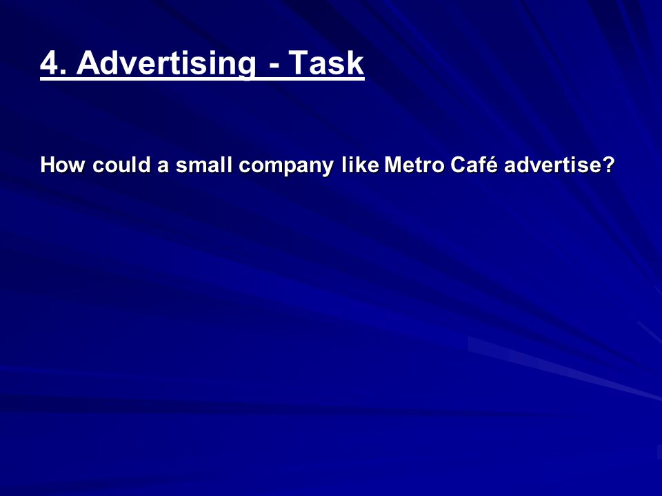 4. Advertising - Task How could a small company like Metro Café advertise
