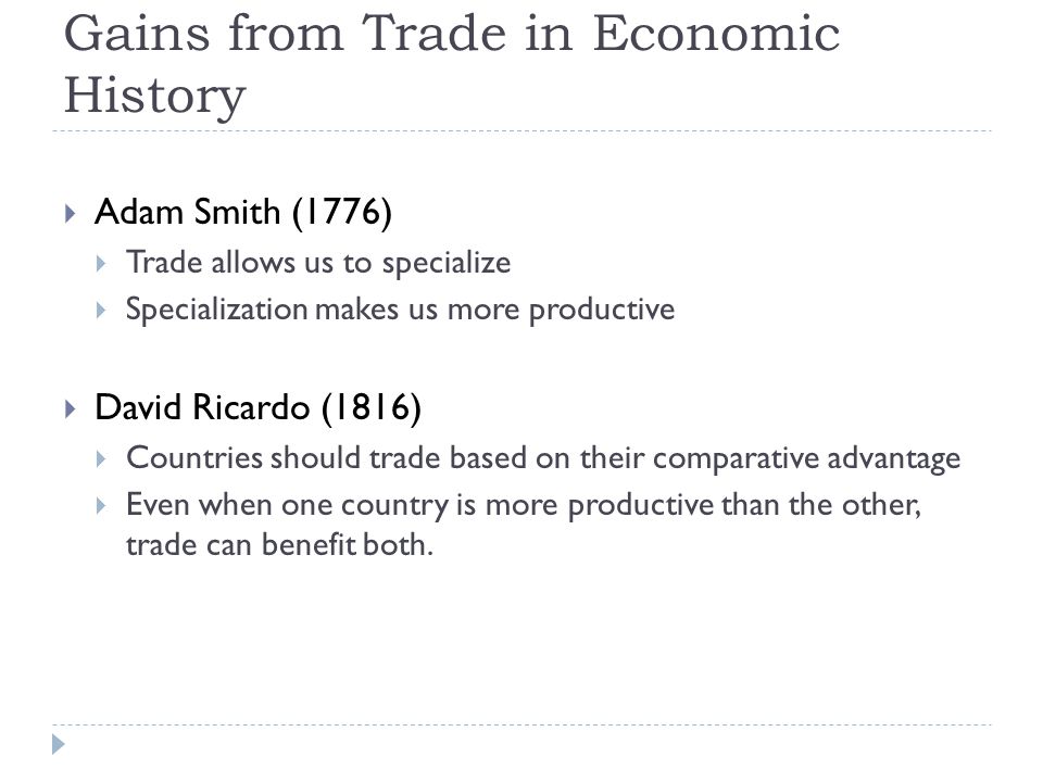 Gains from Trade in Economic History  Adam Smith (1776)  Trade allows us to specialize  Specialization makes us more productive  David Ricardo (1816)  Countries should trade based on their comparative advantage  Even when one country is more productive than the other, trade can benefit both.