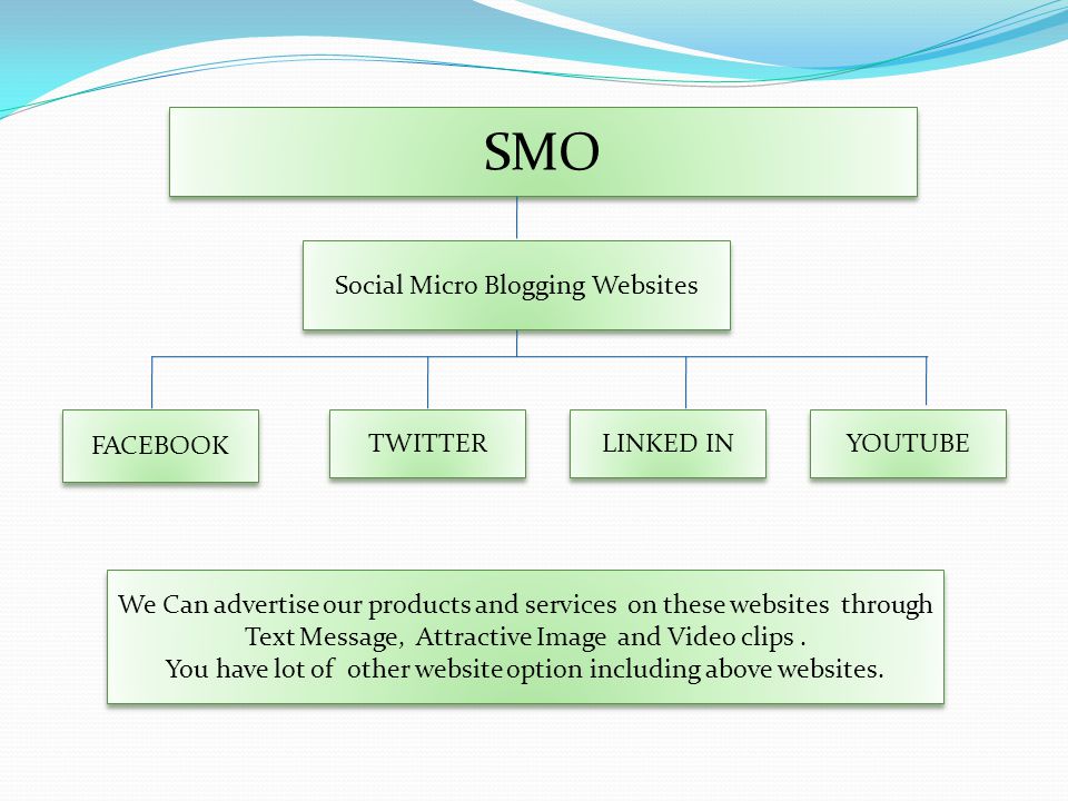 SMO YOUTUBE FACEBOOK TWITTER LINKED IN Social Micro Blogging Websites We Can advertise our products and services on these websites through Text Message, Attractive Image and Video clips.