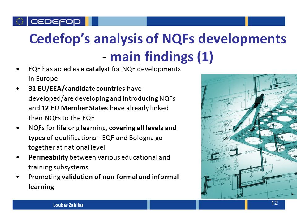 EQF has acted as a catalyst for NQF developments in Europe 31 EU/EEA/candidate countries have developed/are developing and introducing NQFs and 12 EU Member States have already linked their NQFs to the EQF NQFs for lifelong learning, covering all levels and types of qualifications – EQF and Bologna go together at national level Permeability between various educational and training subsystems Promoting validation of non-formal and informal learning Cedefop’s analysis of NQFs developments - main findings (1) Loukas Zahilas 12
