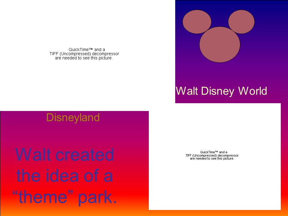 Disneyland Walt Disney World Walt created the idea of a theme park.