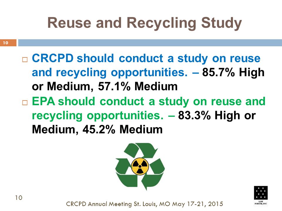 Reuse and Recycling Study 10  CRCPD should conduct a study on reuse and recycling opportunities.