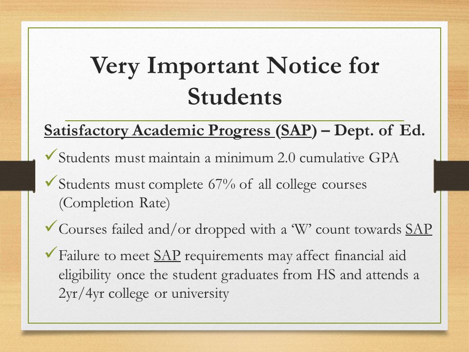 Very Important Notice for Students Satisfactory Academic Progress (SAP) – Dept.