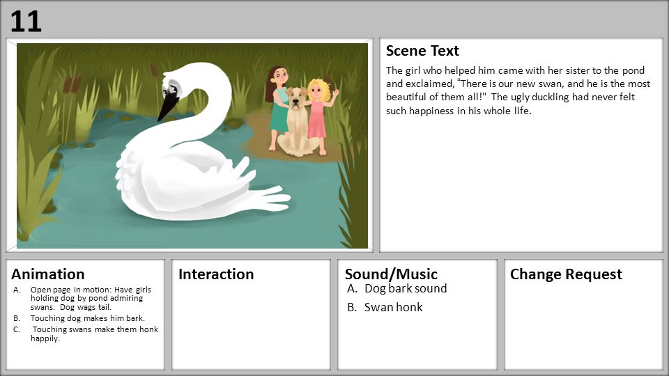 Paste Image Here AnimationInteractionSound/MusicChange Request Scene Text A.Open page in motion: Have girls holding dog by pond admiring swans.