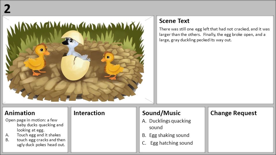 Paste Image Here AnimationInteractionSound/MusicChange Request Scene Text Open page in motion: a few baby ducks quacking and looking at egg.