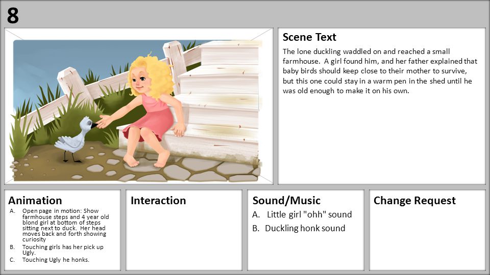 Paste Image Here AnimationInteractionSound/MusicChange Request Scene Text A.Open page in motion: Show farmhouse steps and 4 year old blond girl at bottom of steps sitting next to duck.
